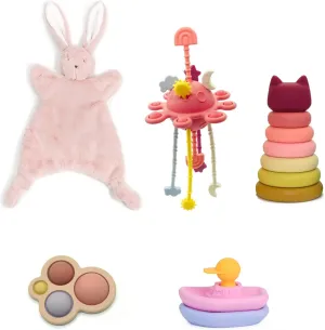 Bath Toys Floating Boats Montessori Toys for Babies, Newborn Gifts- Bunny Loveys for Babies, Silicone Fidget Sensory Toys for Poping,Montessori Pull radiant String Toy & Stacking Toys, Toddler 