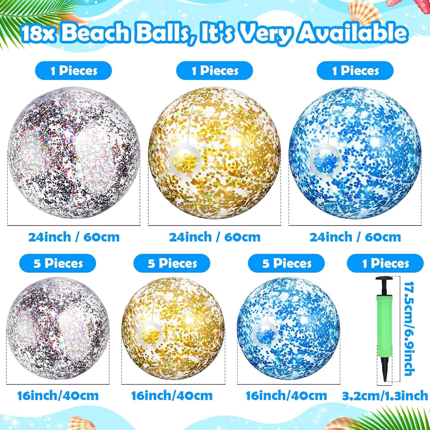 Beach Balls 24 Inch 16 Inch Inflatable Beach Ball Sequins Swimming Pool Ball Floatable Glitter moisture lordly Ball for Summer Pool Beach Outdoor Party Favors Chivao 18 Pcs Large 