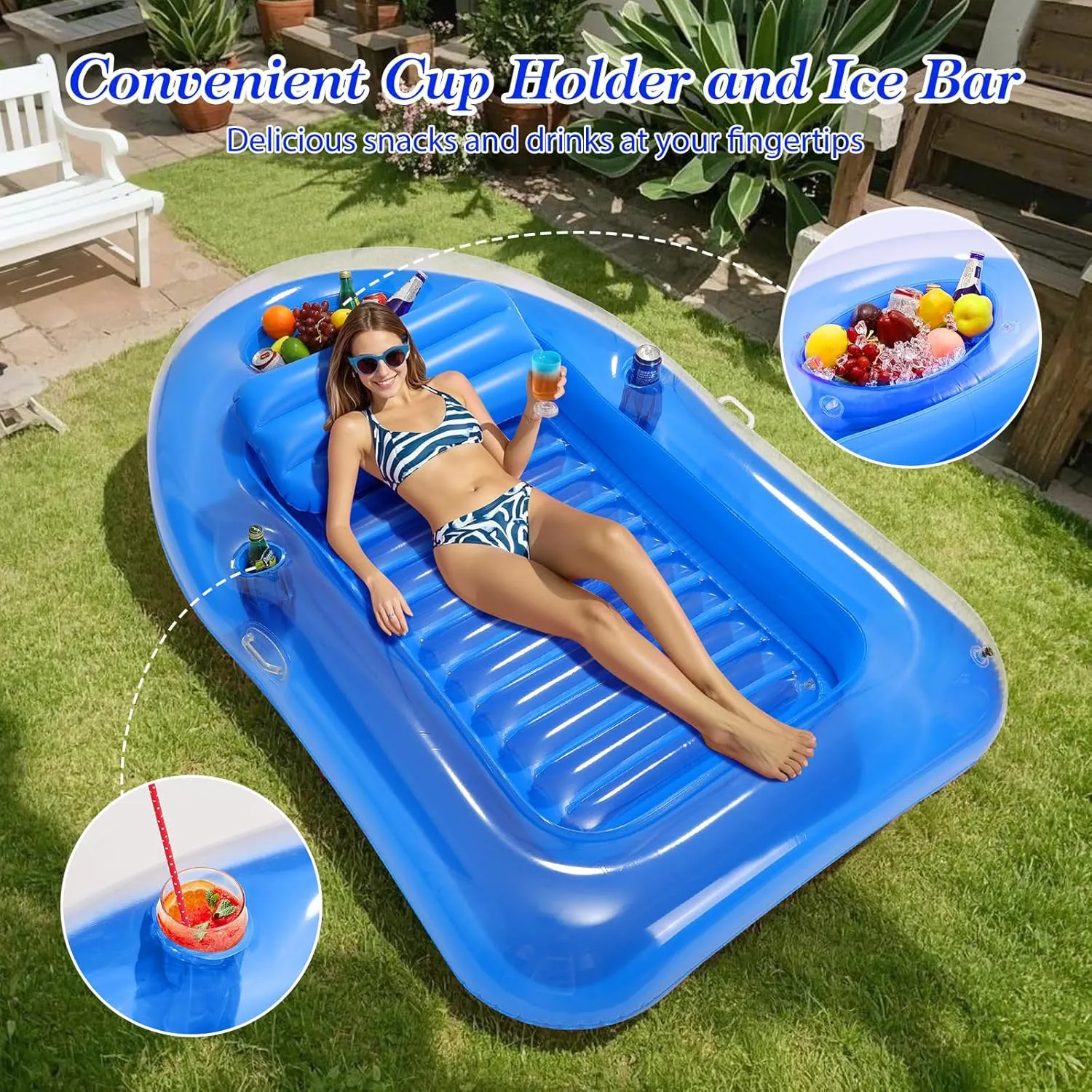 bellows assign percussion technological Beach Backyard MoKo Pool Floats Adult$ Large Floating Bed with Ice Bar$ Tanning Bed Pool Raft Inflatable Lounger with Drink Holder Tanning Chair Inflatable Pool Toys for Party 