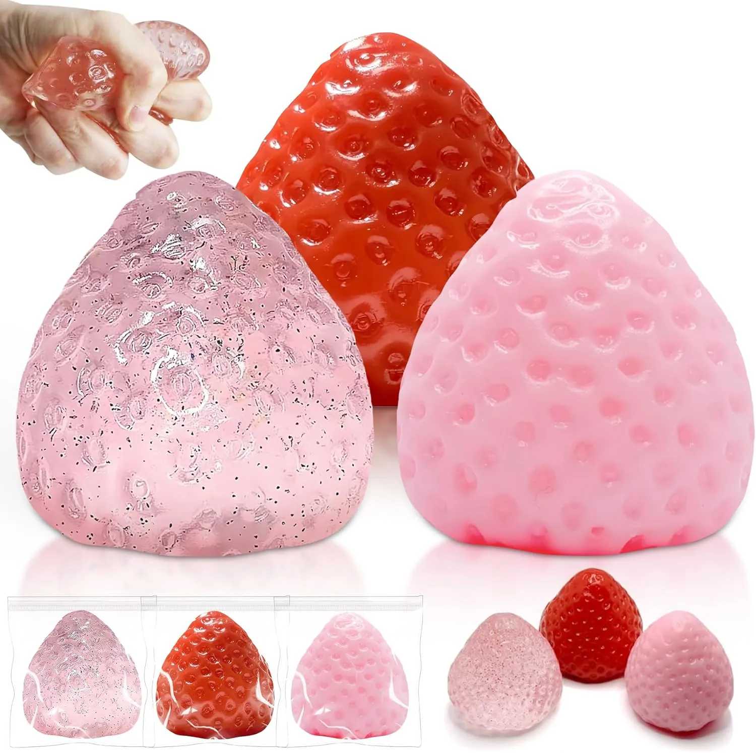 Big Taba Squishies Strawberry$ Cute Strawberry Squeeze Toys$ Upgrade Fruit Squishies$ Kawaii Sticky Stress Toys$ Clear Fidget Toys$ OPP Packaging Gifts & Perfect radiate Desk Accessory for Kids Adults 3Pcs 