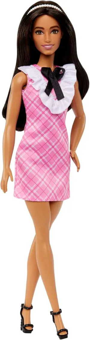 Black Hair Wearing Removable Pink Plaid Dress, Pearlescent Headband & Strappy Heels Barbie debris coverage twig Fashionistas Doll #209 with 
