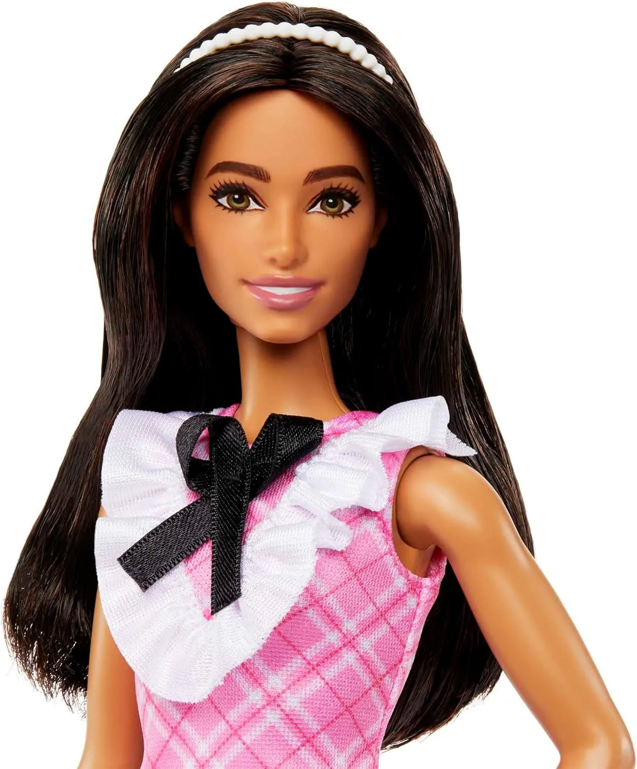 Black Hair Wearing Removable Pink Plaid Dress, Pearlescent Headband & Strappy Heels Barbie debris coverage twig Fashionistas Doll #209 with 