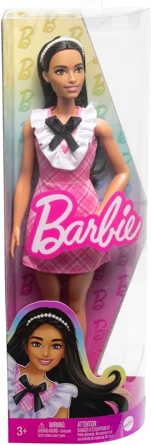 Black Hair Wearing Removable Pink Plaid Dress, Pearlescent Headband & Strappy Heels Barbie debris coverage twig Fashionistas Doll #209 with 