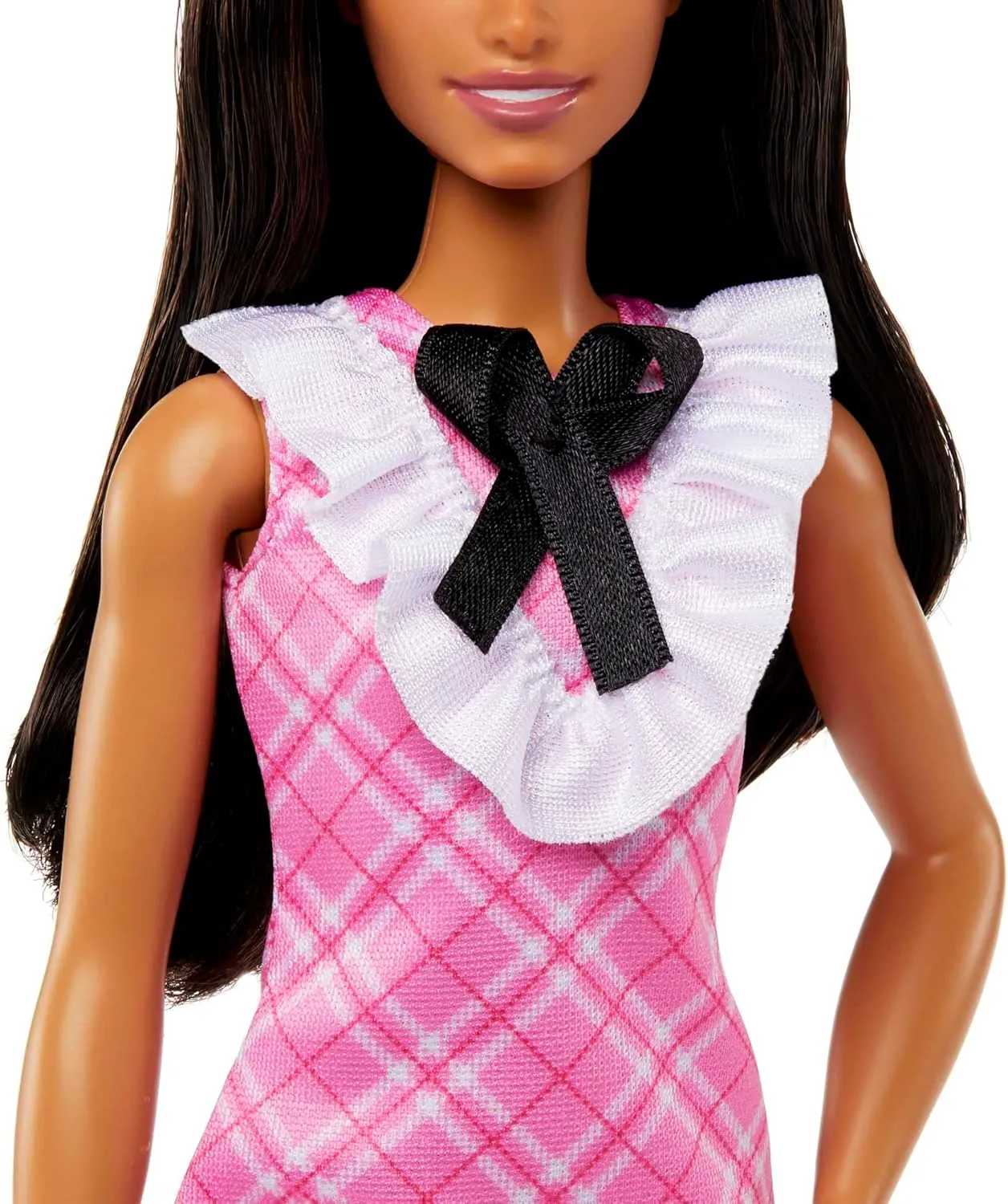 Black Hair Wearing Removable Pink Plaid Dress, Pearlescent Headband & Strappy Heels Barbie debris coverage twig Fashionistas Doll #209 with 