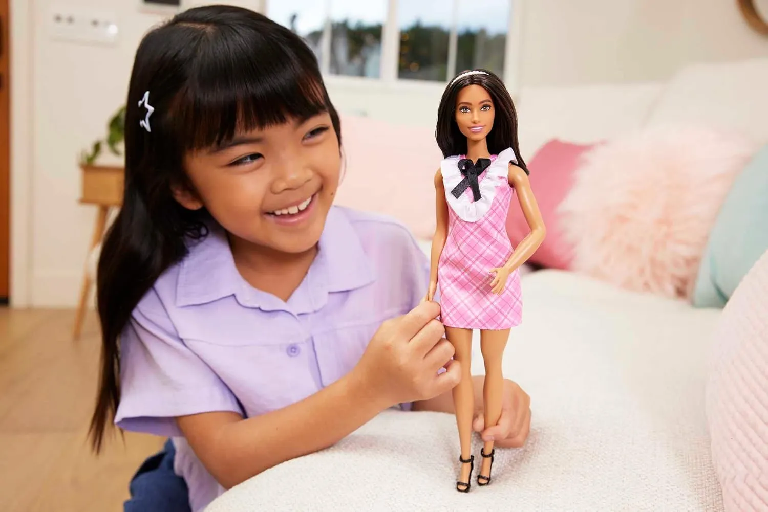 Black Hair Wearing Removable Pink Plaid Dress, Pearlescent Headband & Strappy Heels Barbie debris coverage twig Fashionistas Doll #209 with 