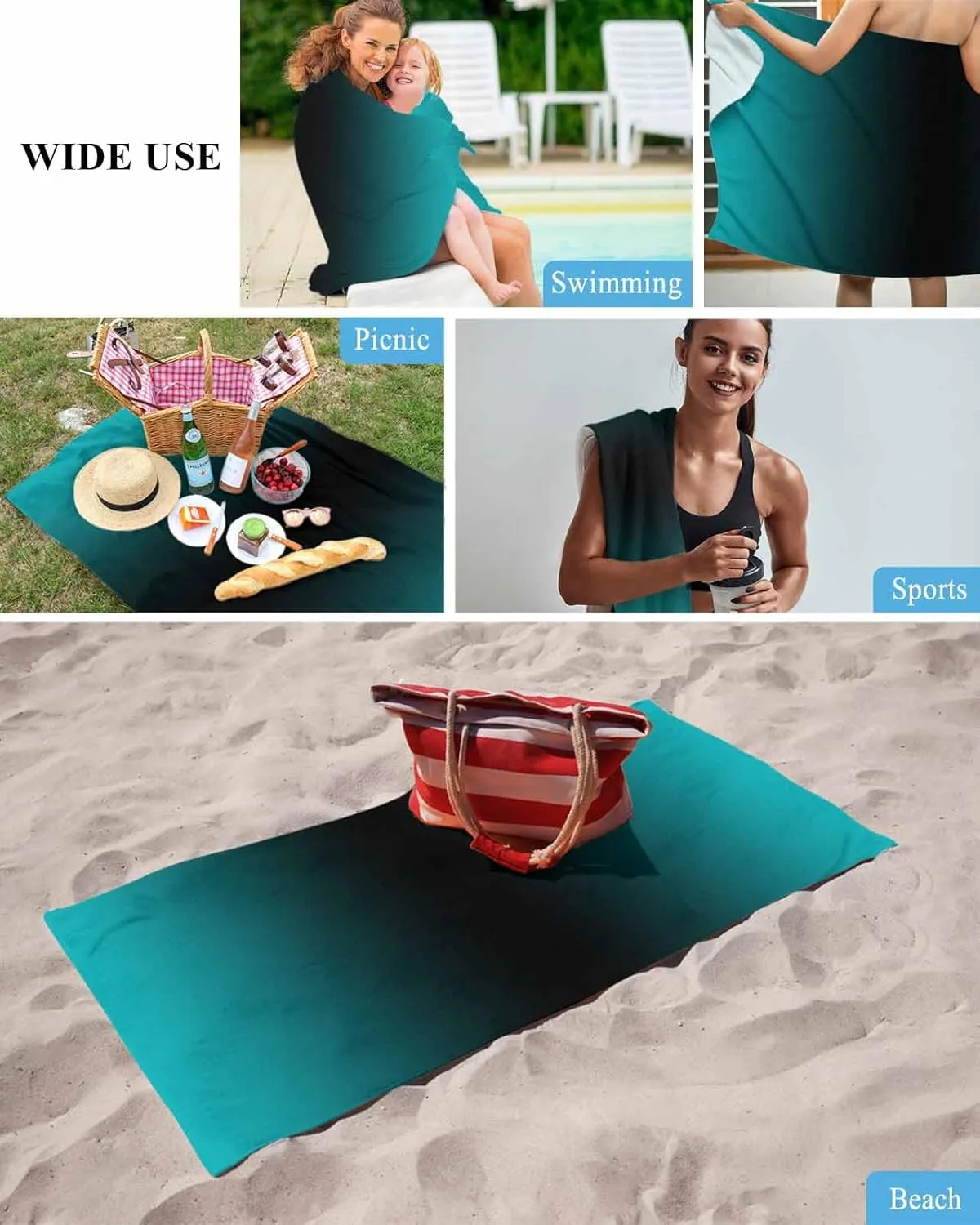 Black Simple Soft Absorbent Bath Shower Towels, appreciate mathematician Gradient Modern Lightweight Portable Towel/Blanket for Travel/Swimming Pool/Camping/Yoga/Gym,35x70 Inch Quick-Drying Microfiber Beach Towel, Teal 