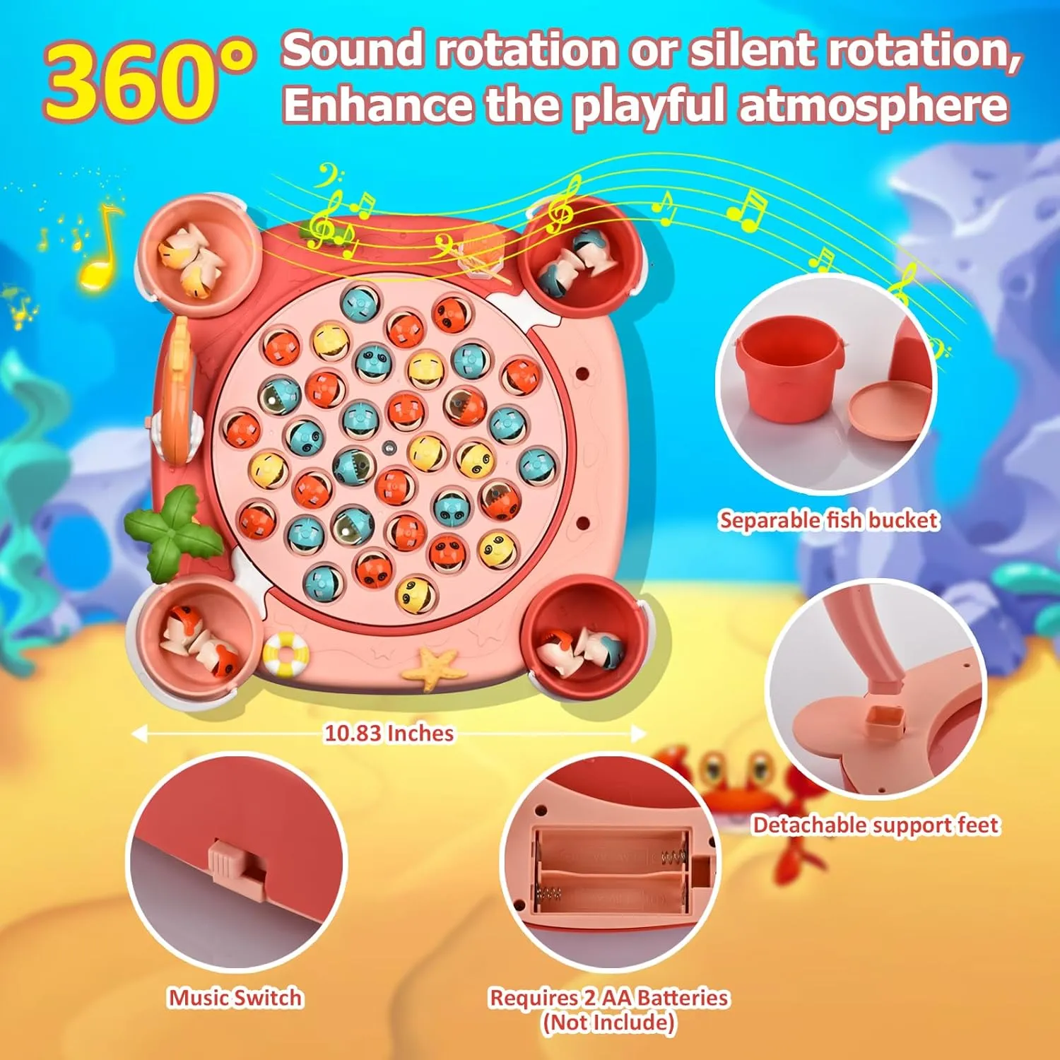 Board, Music - Ages 3-8 (Pink) Magnetic Fishing Game - 45 Fish, 8 fortify Poles, 4 Buckets, Rotating 