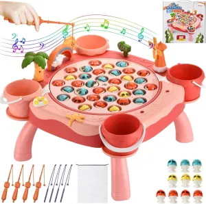 Board, Music - Ages 3-8 (Pink) Magnetic Fishing Game - 45 Fish, 8 fortify Poles, 4 Buckets, Rotating 