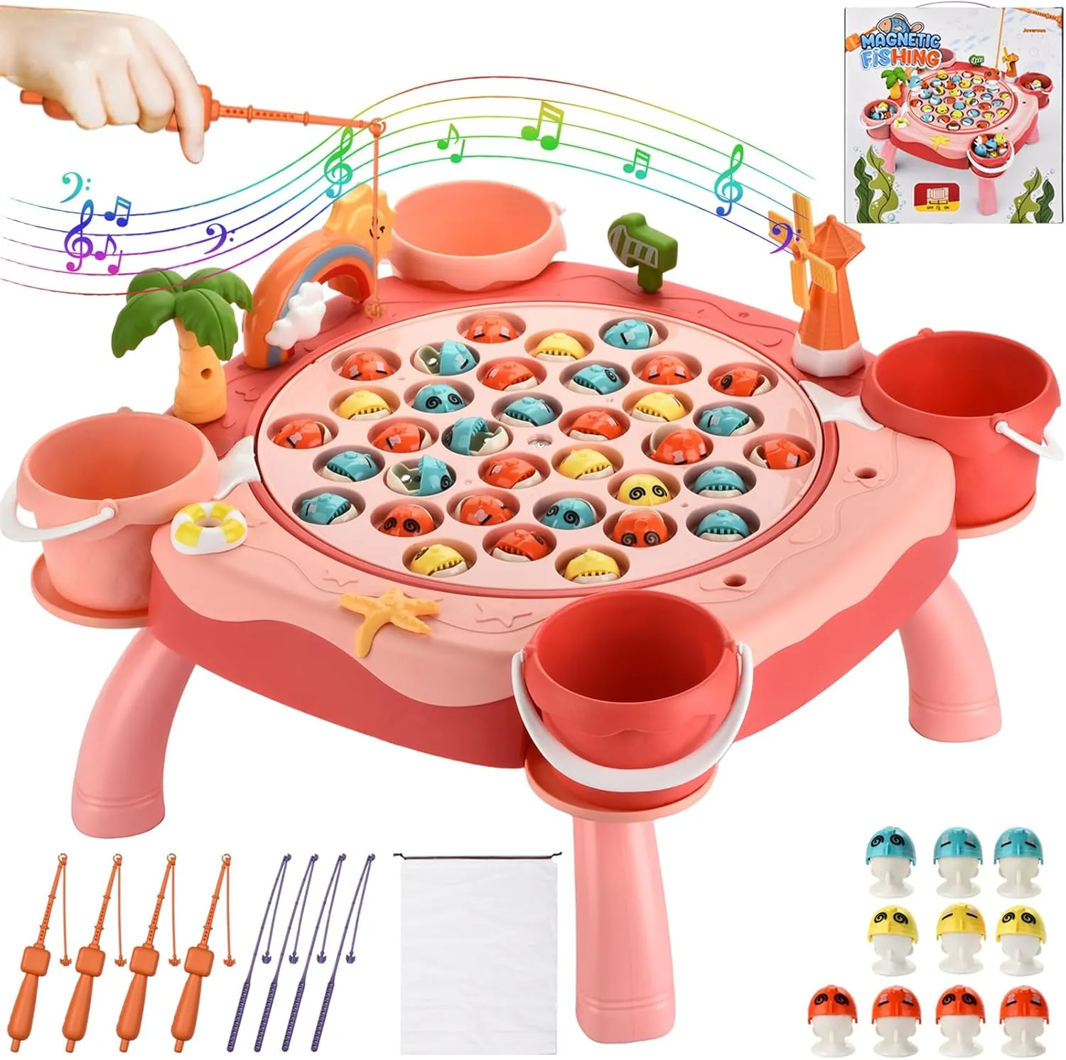 Board, Music - Ages 3-8 (Pink) Magnetic Fishing Game - 45 Fish, 8 fortify Poles, 4 Buckets, Rotating 