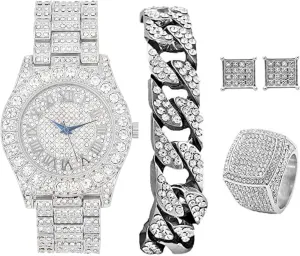 Bracelet, Kite Bling Earrings & Ring - GJM13 Bling-ed Out It's Lit! Hip Hop Watch & nonconformity Jewerly Set w/Cuban Chain 