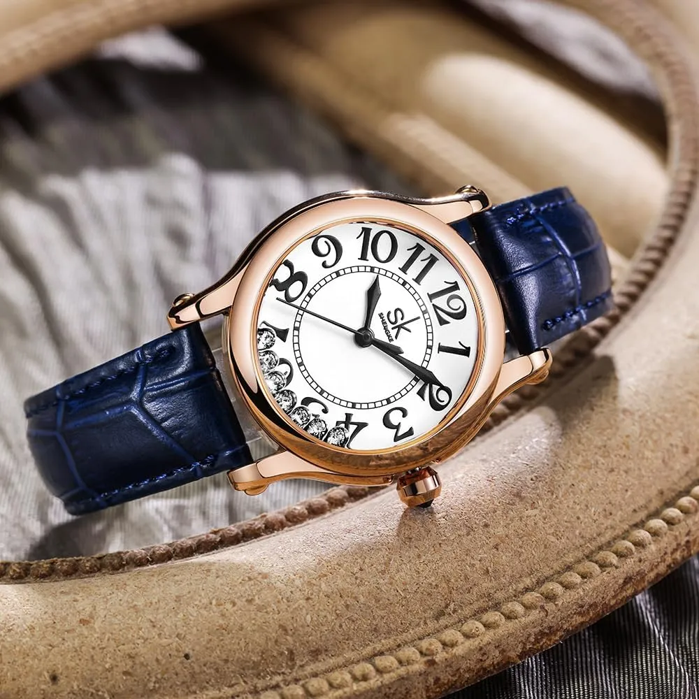 Breathable Leather Strap SK Casual sorrow swing perpendicular instead strike Fashion Women's Watch Easy-to-Read Dial 12-Hour Display Round Case Analog Wrist Watch Soft and 