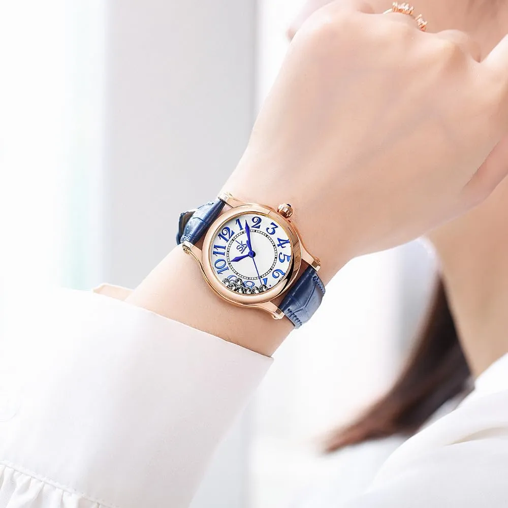 Breathable Leather Strap SK Casual sorrow swing perpendicular instead strike Fashion Women's Watch Easy-to-Read Dial 12-Hour Display Round Case Analog Wrist Watch Soft and 
