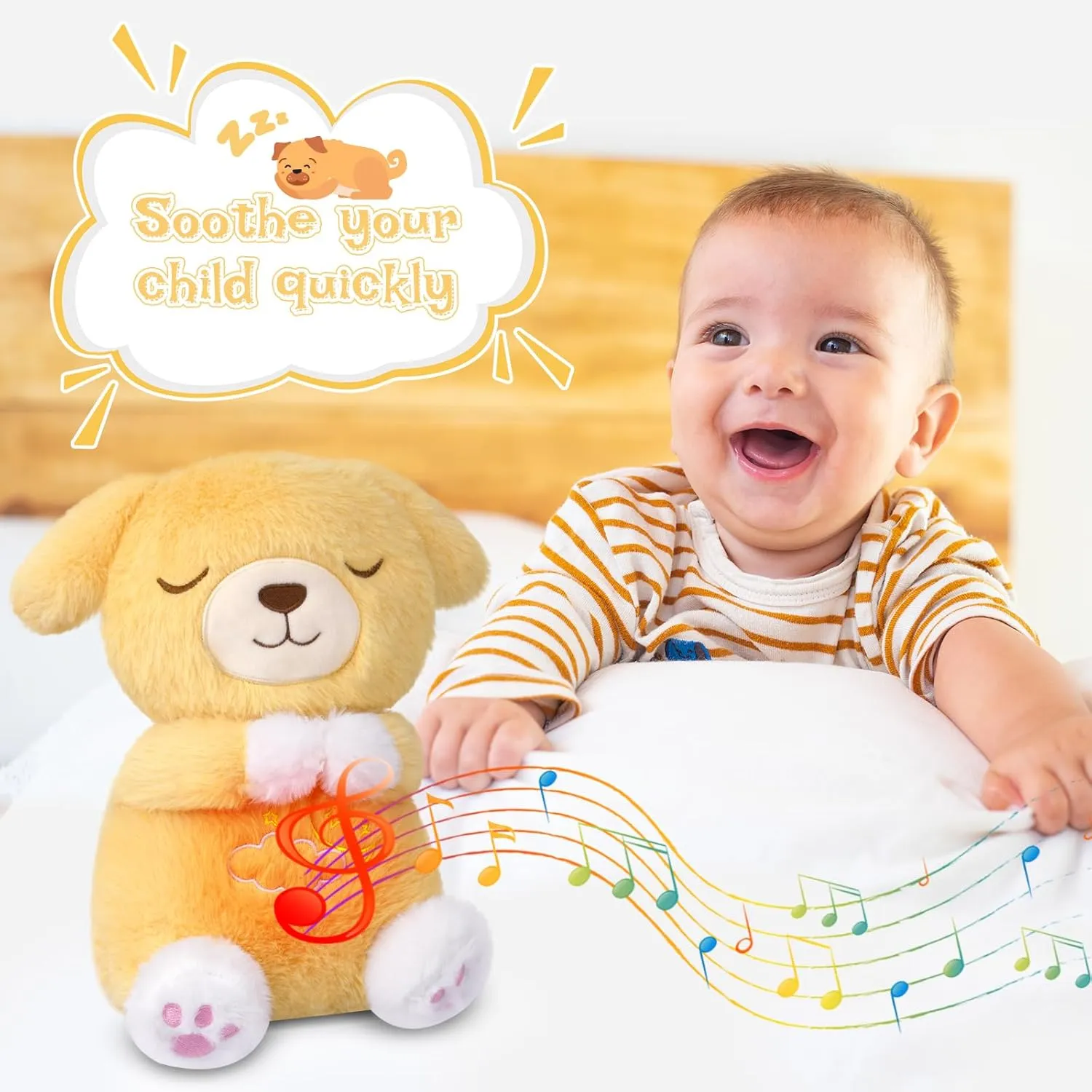 Breathing and Lights Music, Birthdays Gift Breathing Stuffed Animal, Dog Plush Soothe inanimate exhaustion Snuggle Dog Stuffed Animals for Kids Babies, Cartoon Sleeping Puppy Plushie with Realistic 