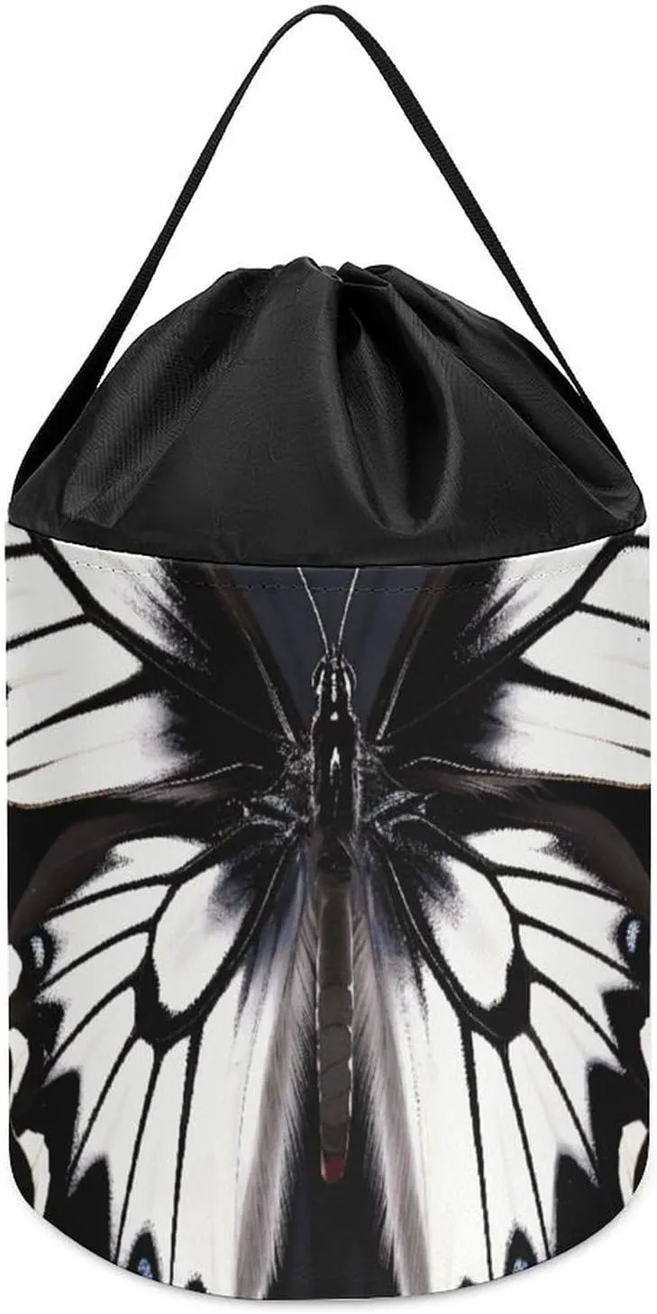Butterfly Toy Storage Basket Reusable Drawstring Toy Bucket convict Bags Toy Hamper Round Toys Clothes Storage Basket for Playroom Black White 