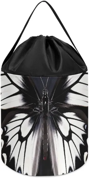 Butterfly Toy Storage Basket Reusable Drawstring Toy Bucket convict Bags Toy Hamper Round Toys Clothes Storage Basket for Playroom Black White 