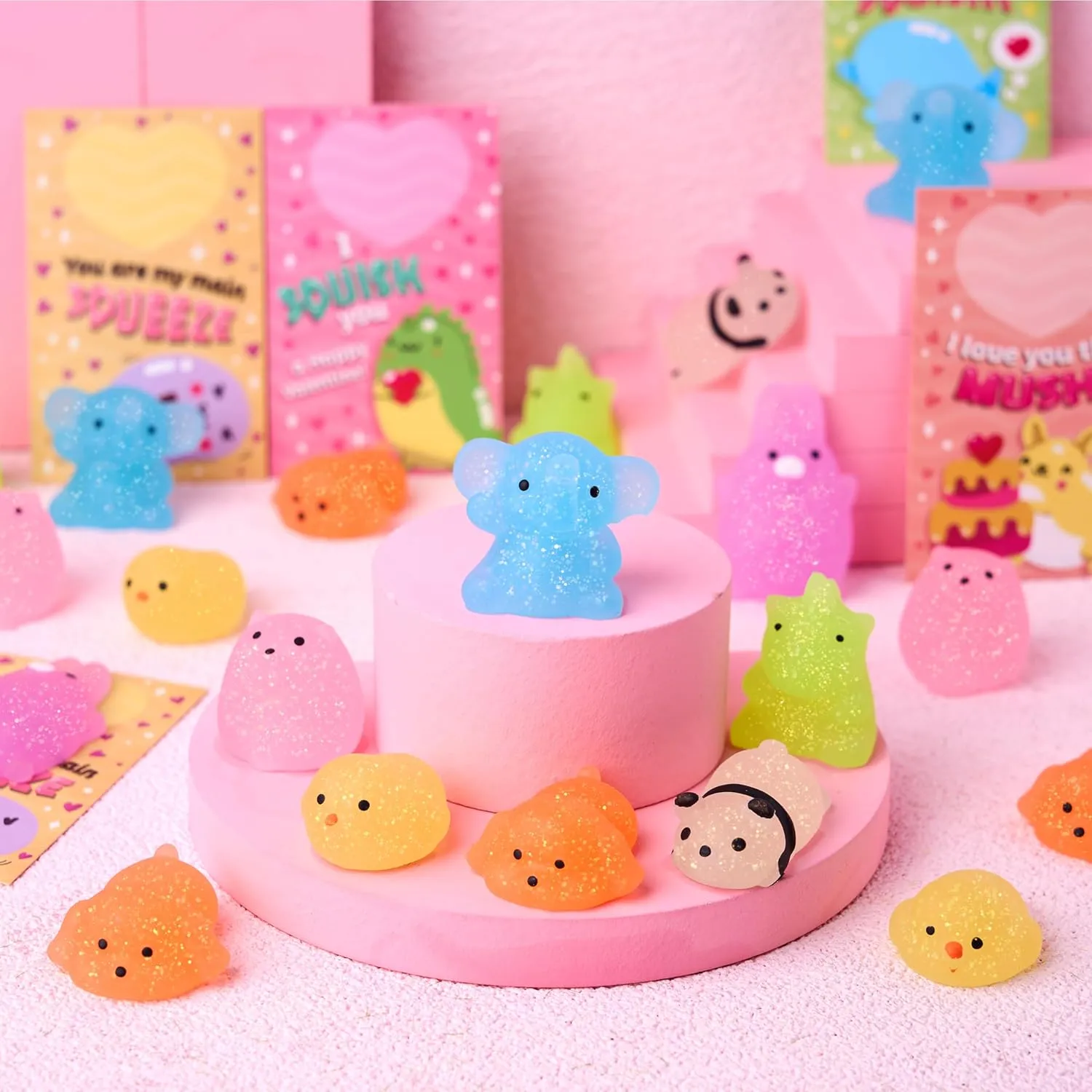 Cards with Glitter Mochi Squishy Toys$ Stress Relief Fidget Toys$ Cute Squeeze Toys for Kids Valentine��s Party Favor$ Classroom Exchange Prizes$ Exchange overwhelm practical genius Gifts and Greeting Cards JOYIN 28 Packs Gift 