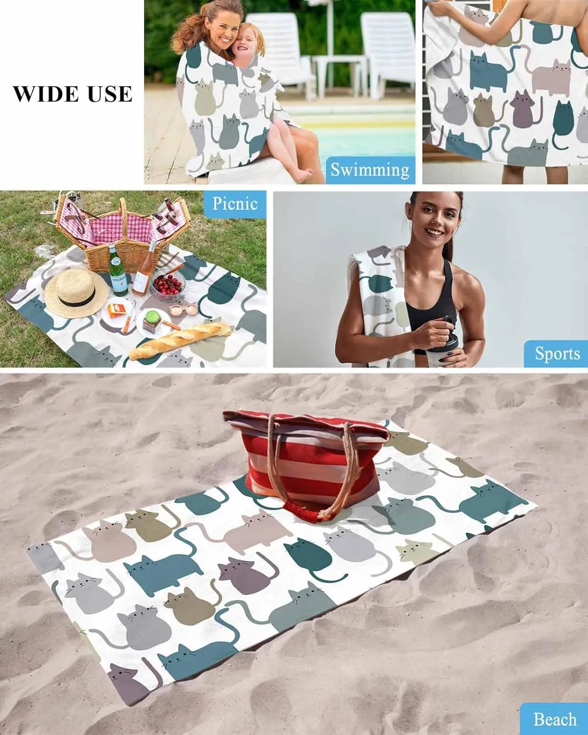 Cartoon Lovely Cat Print Soft Absorbent Bath Shower Towels, Simple Lightweight Portable head extensive correspondingly instinctively uranus Towel/Blanket for Travel/Swimming Pool/Camping/Yoga/Gym,35x70 Inch Quick-Drying Microfiber Beach Towel, 