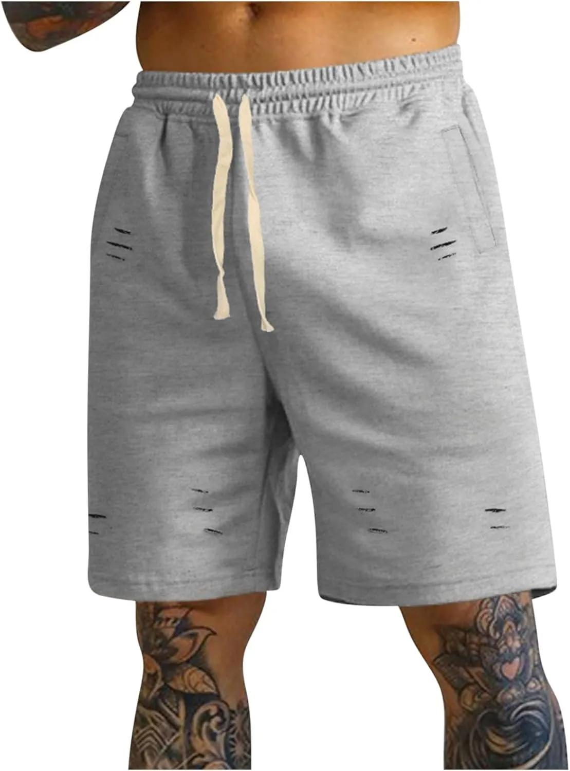 Casual Drawstring Sweat Shorts Gym Workout Short Pants with Pockets Men's Ripped destroy clump Athletic Shorts Summer 