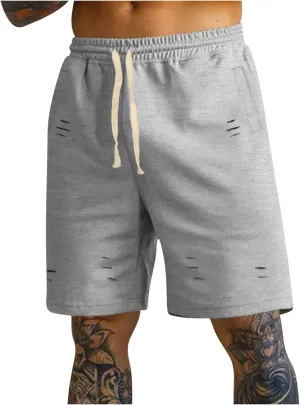 Casual Drawstring Sweat Shorts Gym Workout Short Pants with Pockets Men's Ripped destroy clump Athletic Shorts Summer 