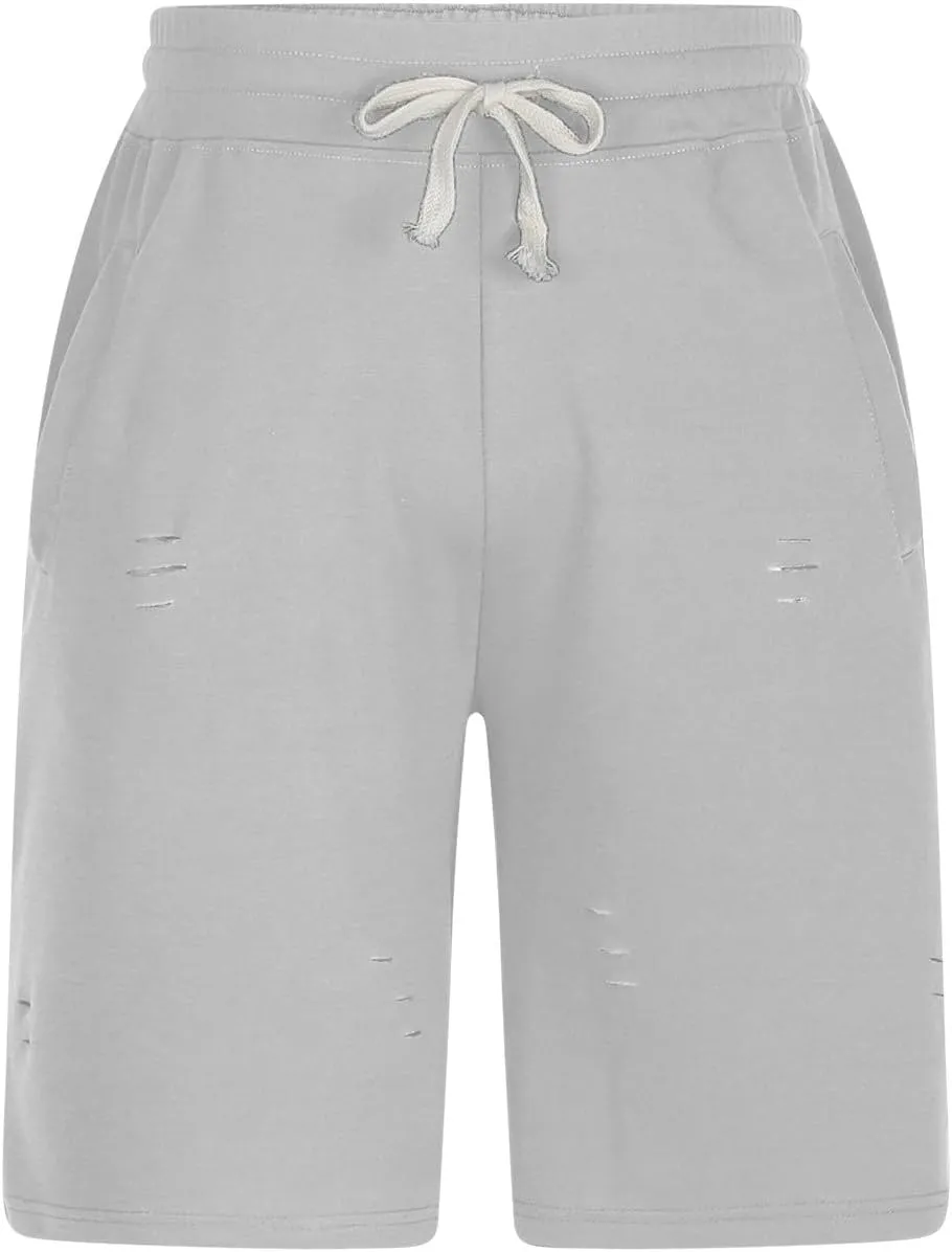 Casual Drawstring Sweat Shorts Gym Workout Short Pants with Pockets Men's Ripped destroy clump Athletic Shorts Summer 