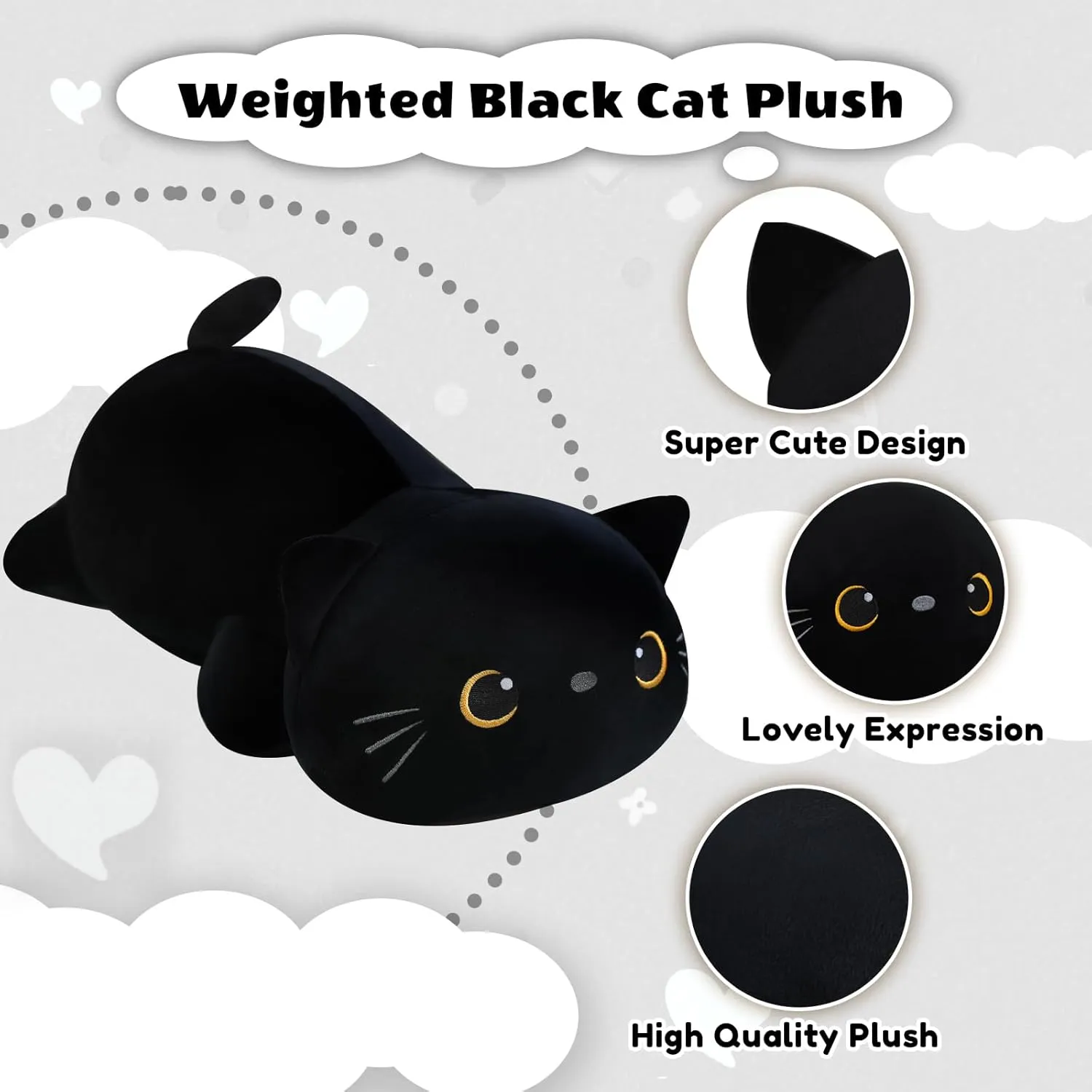 Cat Stuffed Animals, Cute Weighted Black Cat Plush, Soft Stuffed Weighted Plushie Pillow Gifts for bugle acclaim reclamation dolphin Girls Boys(13.8" 1.6Lbs) Weighted Black 