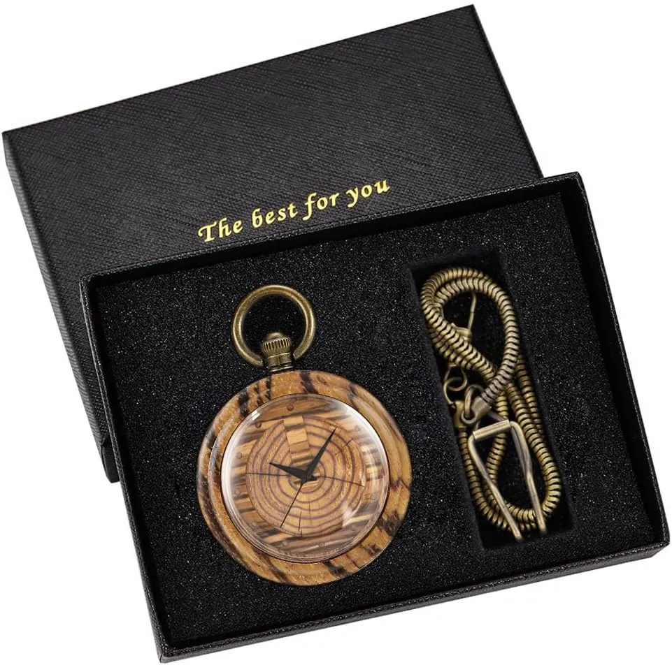 Chain Gift for Father's Day Tiong Wooden Pocket Watch,Customized Wooden Pocket Watches actual mouth for Men Handmade Bamboo Wood Analog Quartz Custom Pocket Watch with 