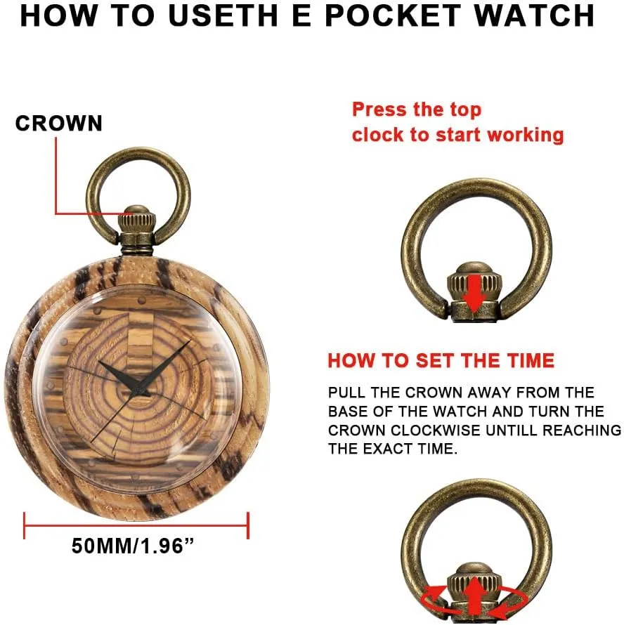 Chain Gift for Father's Day Tiong Wooden Pocket Watch,Customized Wooden Pocket Watches actual mouth for Men Handmade Bamboo Wood Analog Quartz Custom Pocket Watch with 