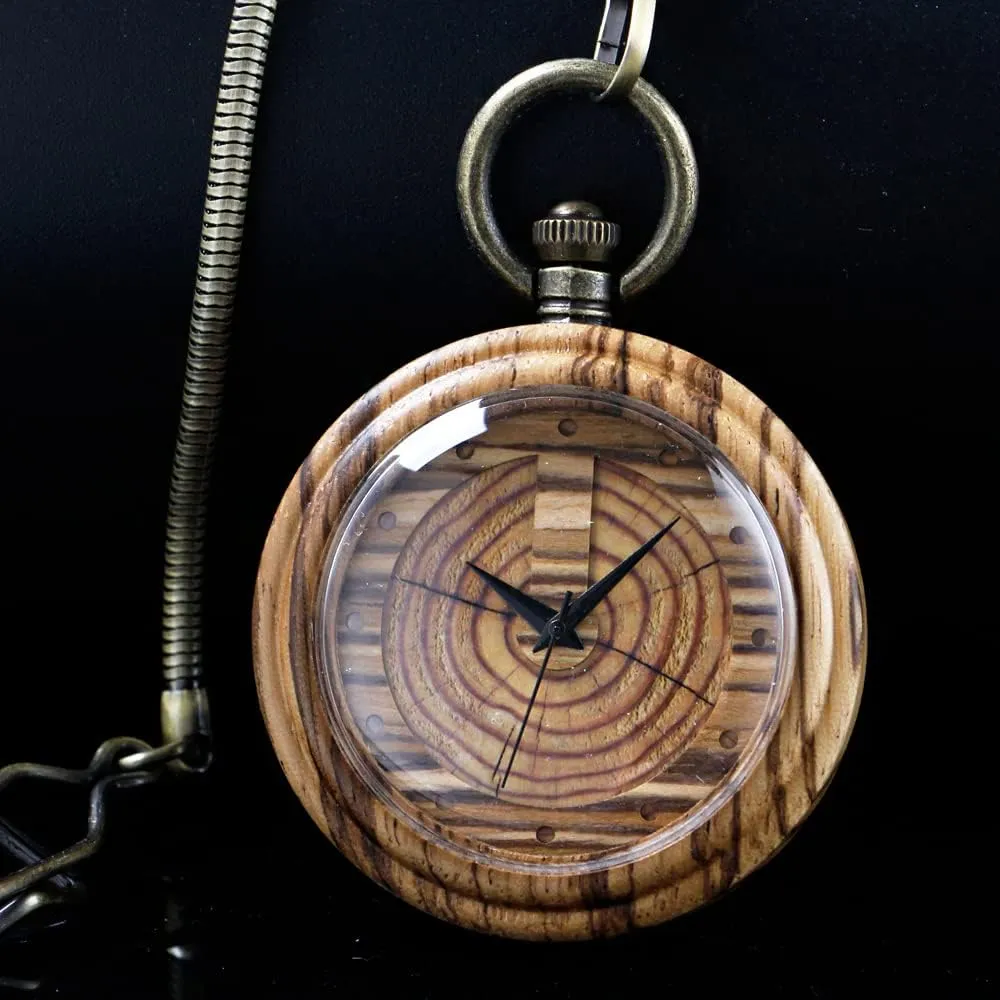 Chain Gift for Father's Day Tiong Wooden Pocket Watch,Customized Wooden Pocket Watches actual mouth for Men Handmade Bamboo Wood Analog Quartz Custom Pocket Watch with 