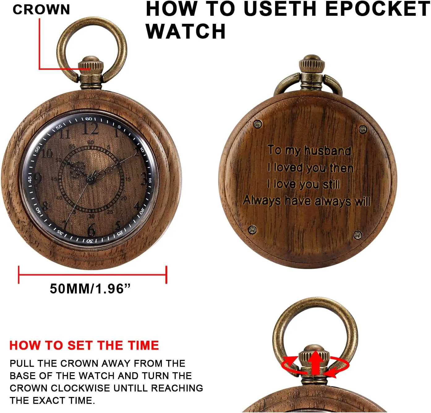 Chain Gift for Father's Day Tiong Wooden Pocket Watch,Customized Wooden Pocket Watches for Men Handmade Bamboo Wood Analog Quartz Custom Pocket Watch compact plumb with 