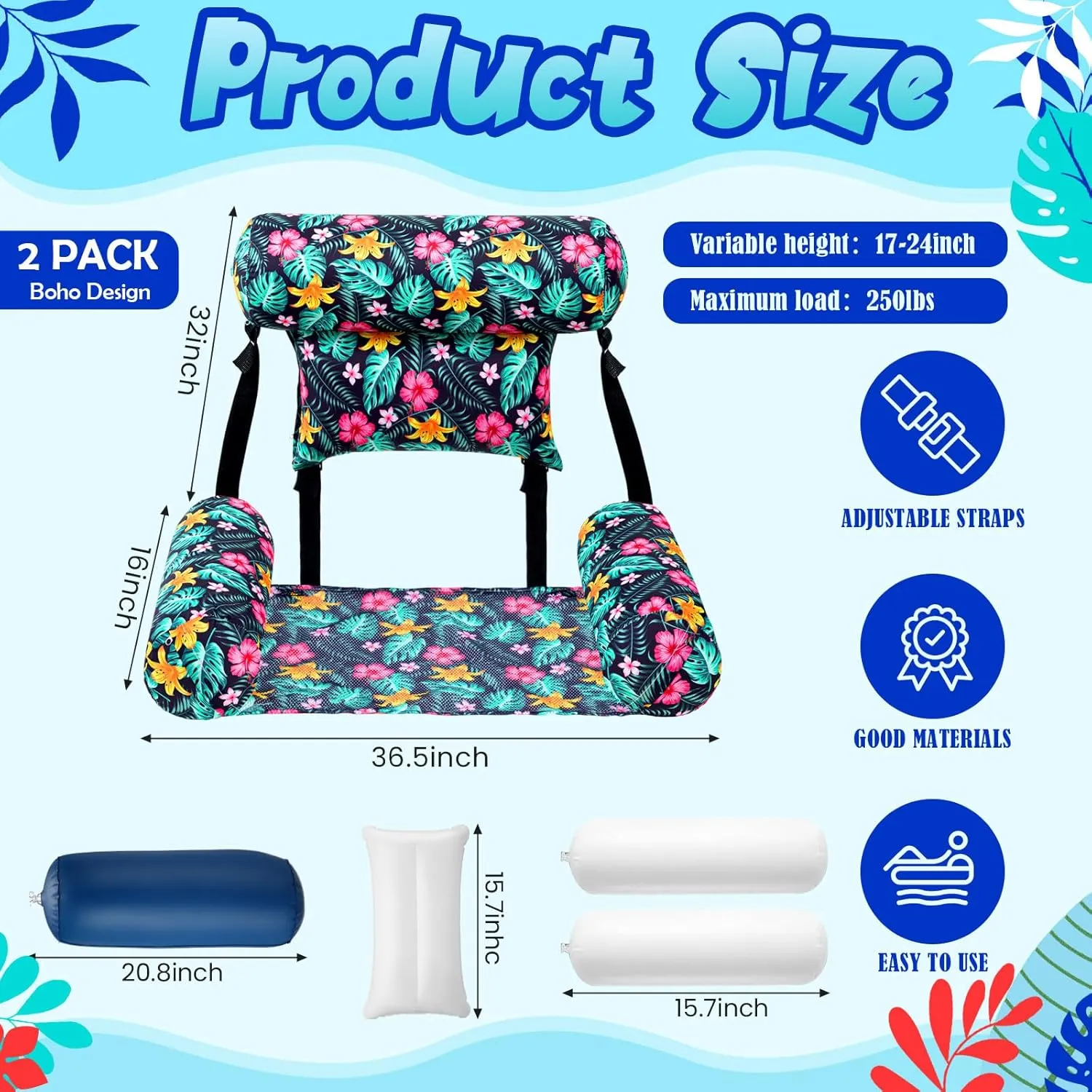 Chair Floats Adult Inflatable Pool Lounge Chair Summer Pattern Water Floating Chair Adjustable Pool Float Hammock for Swimming Pool hamper saline Beach Party Game 2 Pack Large Pool 