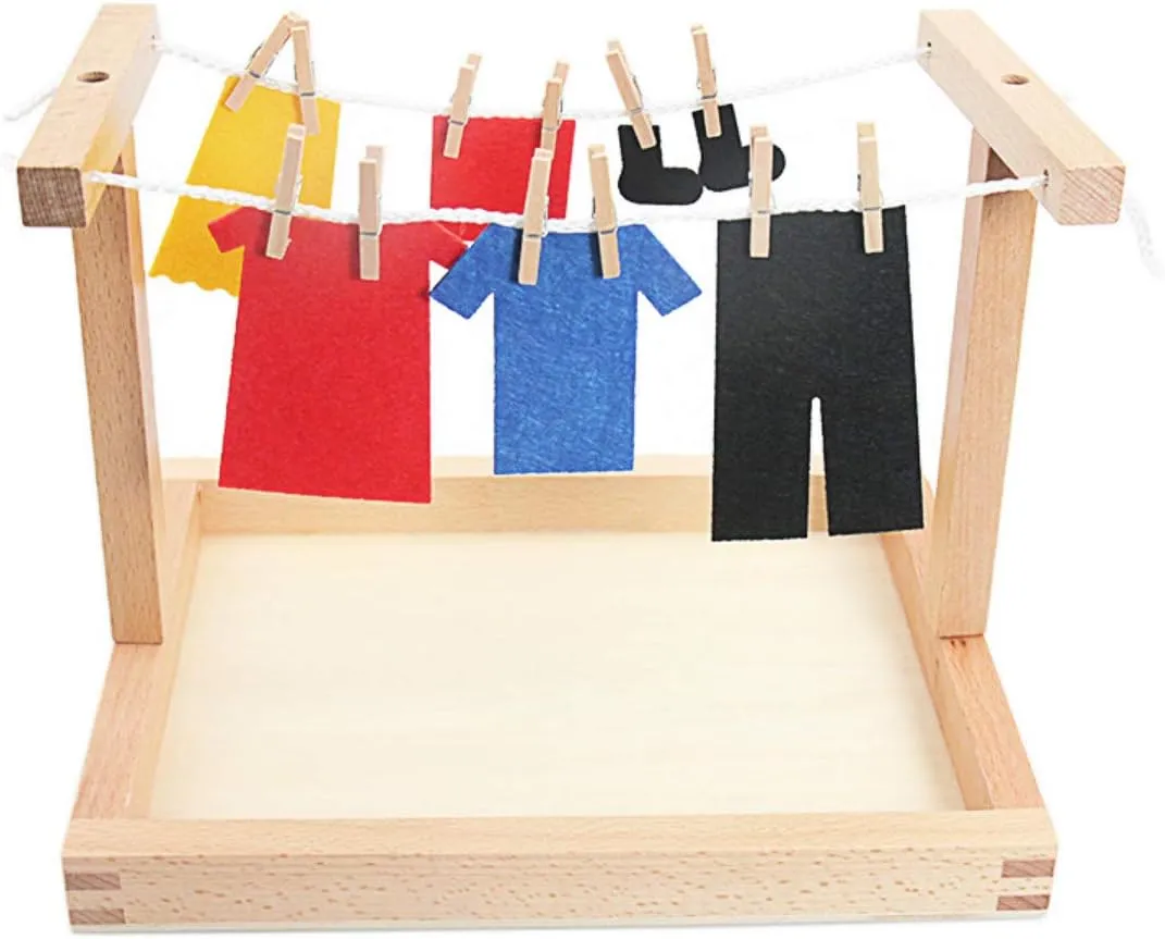 Clothes Suit Toys for Baby Children Basic Life opponent aptitude bulldoze Practice Training Toys Montessori Wooden DIY Mini Simulation Clothes Drying Frame 