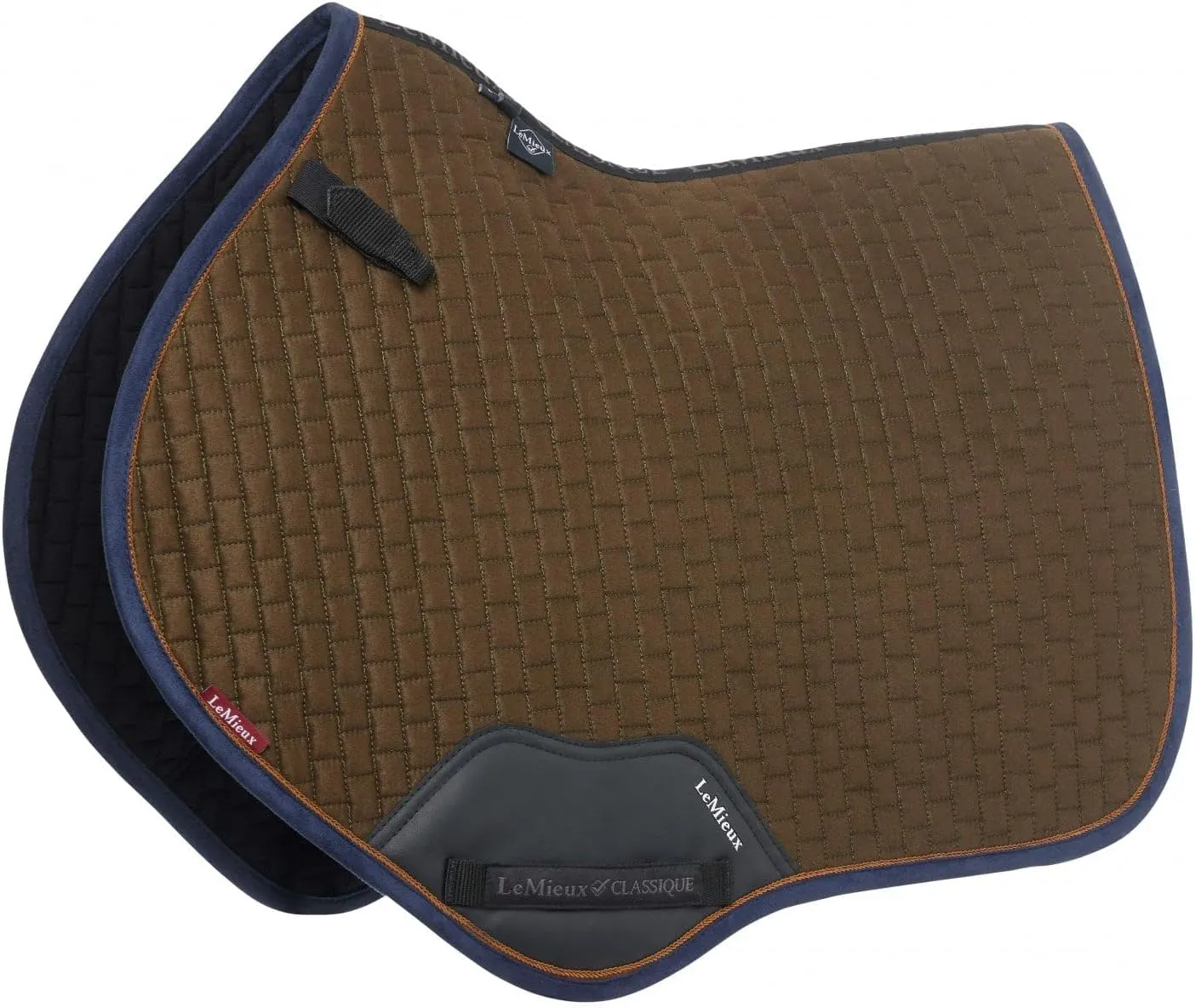 Contact Saddle Pad - Denmark Brick Quilting & Contrast Piping - Fritction Free Suede Binding - Contoured Profile - PU Leather Girth Protection Area - Bamboo Lining LeMieux Suede Close 