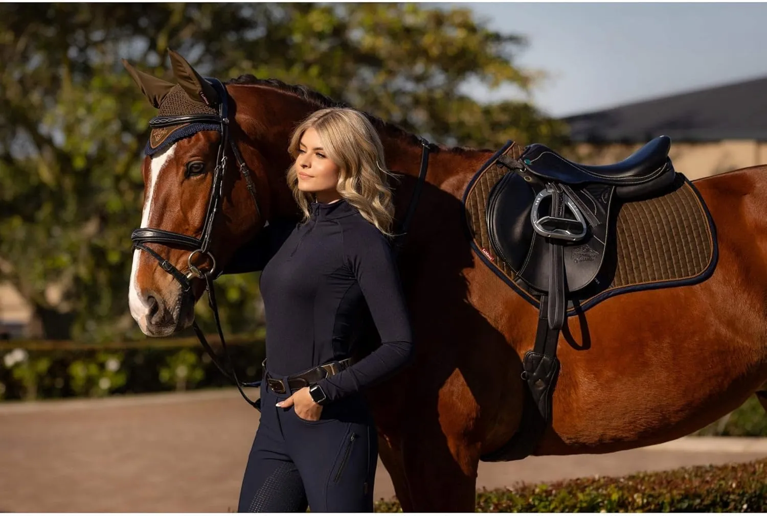 Contact Saddle Pad - Denmark Brick Quilting & Contrast Piping - Fritction Free Suede Binding - Contoured Profile - PU Leather Girth Protection Area - Bamboo Lining LeMieux Suede Close 