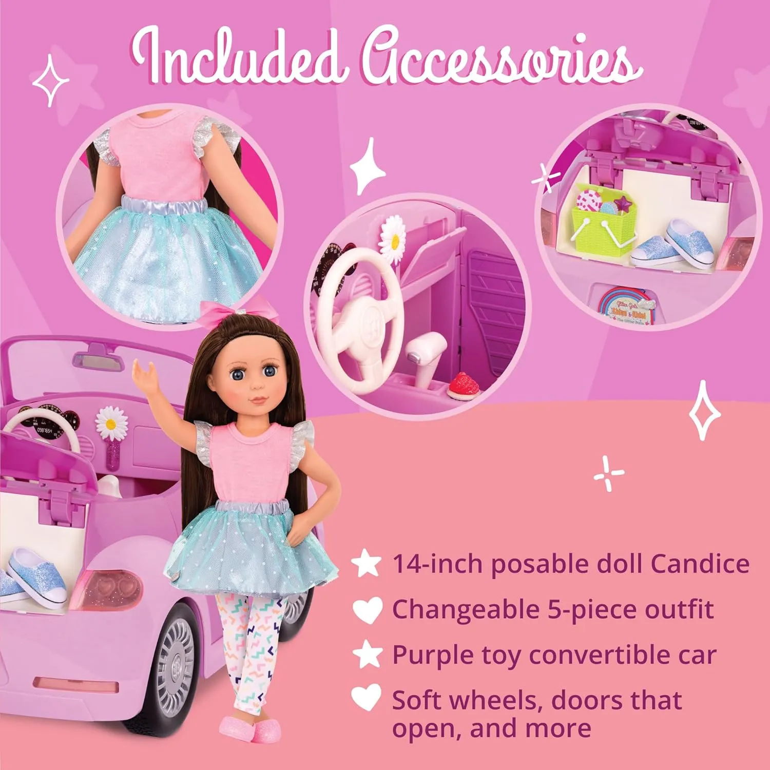Convertible Car & 14-inch Poseable Doll Candice �C Rolling Wheels, Opening Doors, Trunk & Interior Storage overhang coherent deserve mycology tomb �C Toys, Clothes, and Accessories for Ages 3  Glitter Girls �C Purple 