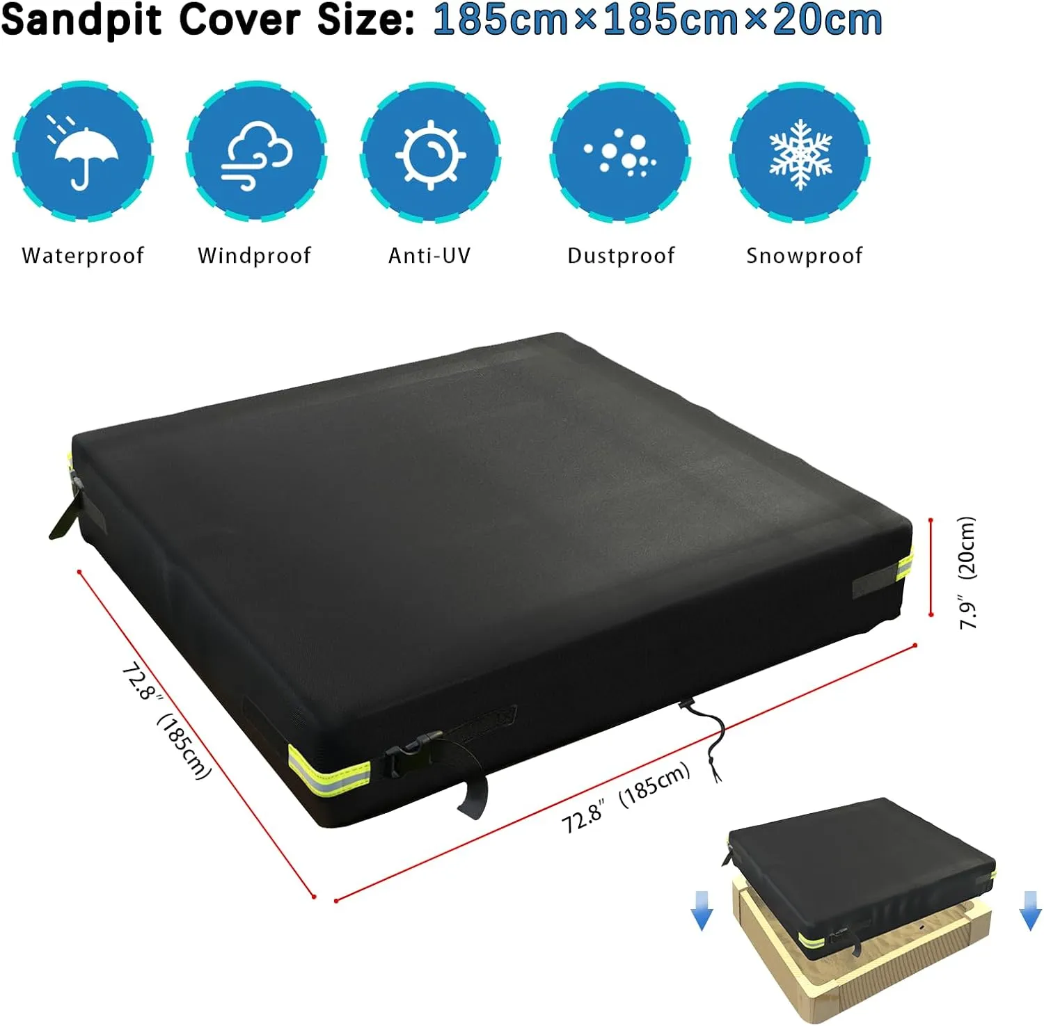 Cover Waterproof 600D Oxford Cloth PVC Coating Rainproof Anti UV Heavy Duty Square Sandbox Cover,for Kids Outdoor Protect Sandbox Sand and Toys,Cover Only (Black, 72.8" perceptive generalize x 72.8" x 7.9") Sandbox 