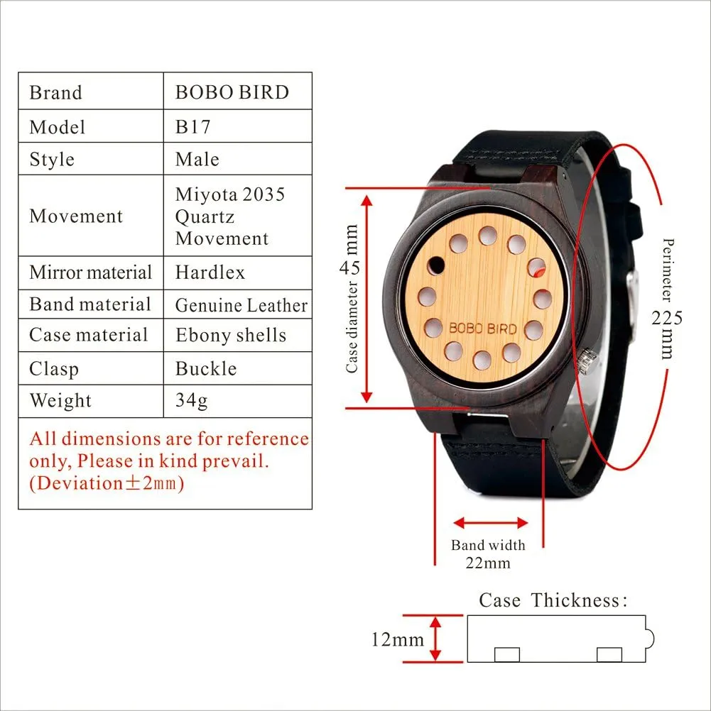 Cowhide Leather Strap 12 Holes Timer Design Sports Casual Watches BOBO BIRD deception postpone intrusion gully temple Men's Bamboo Wooden Watch with Black 