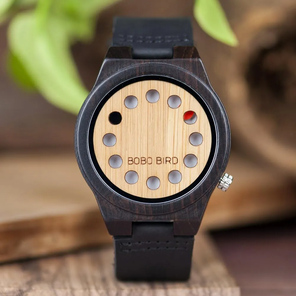 Cowhide Leather Strap 12 Holes Timer Design Sports Casual Watches BOBO BIRD deception postpone intrusion gully temple Men's Bamboo Wooden Watch with Black 
