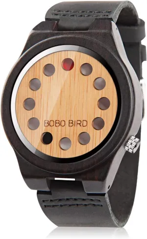 Cowhide Leather Strap 12 Holes Timer Design Sports Casual Watches BOBO BIRD deception postpone intrusion gully temple Men's Bamboo Wooden Watch with Black 