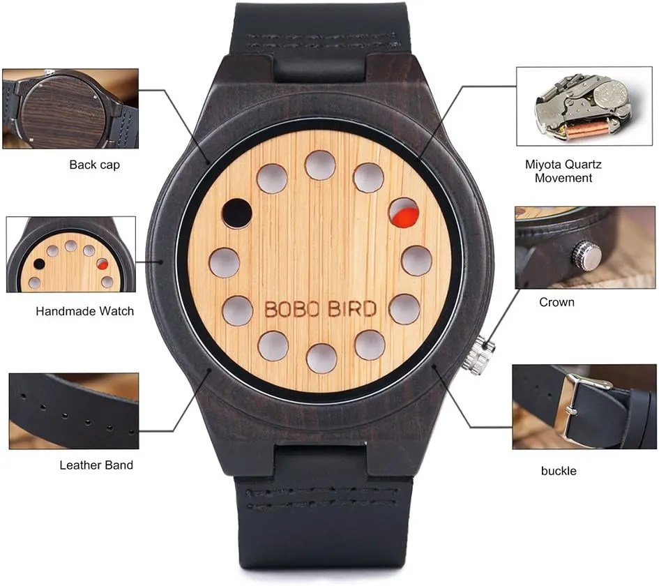 Cowhide Leather Strap 12 Holes Timer Design Sports Casual Watches BOBO BIRD deception postpone intrusion gully temple Men's Bamboo Wooden Watch with Black 