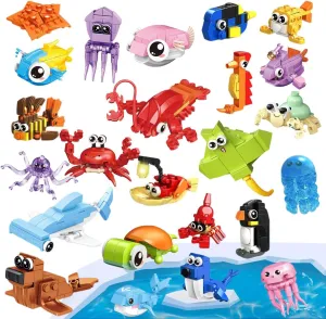 Creatures Construction Toy Gift for Boys and Girls Ages 6-12 24 Pack Mini Ocean Animal Building Blocks , Party Favors for Kids, Ocean Themed Mini Block Set, unknowing Undersea 