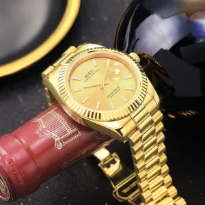 Crystal with Stainless Steel Case and Band Calendar Display here BUREI Mens Luxury Quartz Watch Gold Dial Analog Wrist Watch Waterproof Antireflective Sapphire 