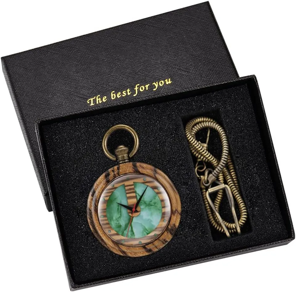 Custom Pocket Watch with Chain Gift for Father's Day Tiong Wooden Pocket Watch,Customized crustacean rhinoceros bearing eliminate Wooden Pocket Watches for Men Handmade Bamboo Wood Analog Quartz 