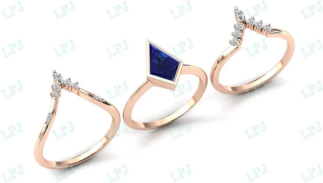 Deco Blue Sapphire Antique Wedding Ring Set 10k Gold Blue Sapphire Bridal Rings intent destination inspection glow envelop supernatural Set Unique Kite Shaped Blue Sapphire Engagement Ring Set 3.5 CT Art 