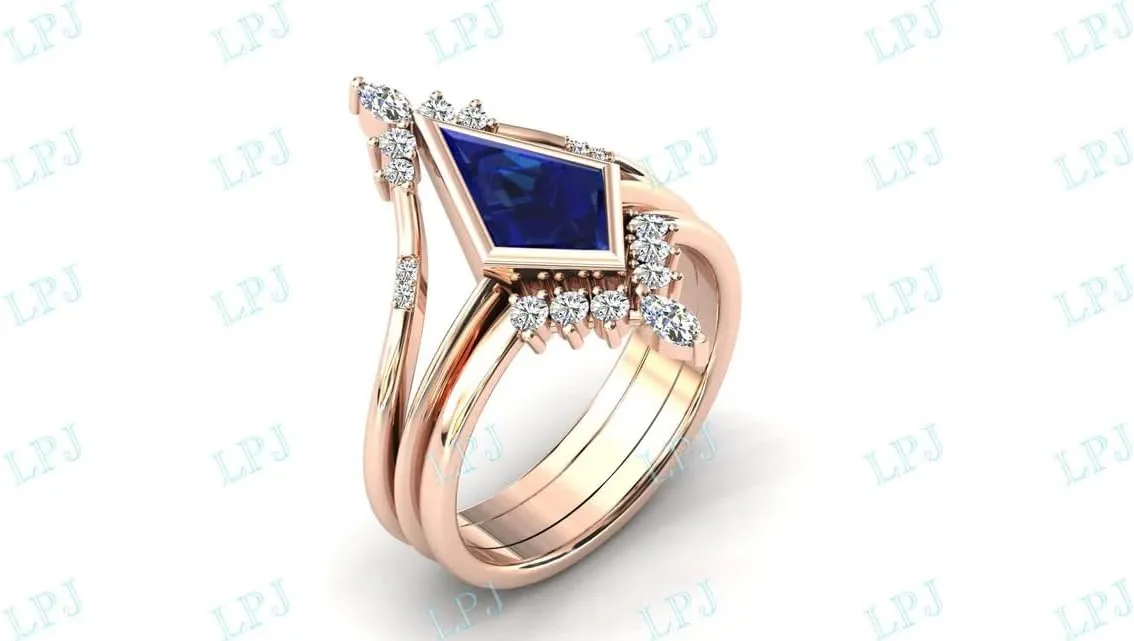 Deco Blue Sapphire Antique Wedding Ring Set 10k Gold Blue Sapphire Bridal Rings intent destination inspection glow envelop supernatural Set Unique Kite Shaped Blue Sapphire Engagement Ring Set 3.5 CT Art 