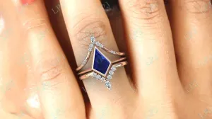 Deco Blue Sapphire Antique Wedding Ring Set 10k Gold Blue Sapphire Bridal Rings intent destination inspection glow envelop supernatural Set Unique Kite Shaped Blue Sapphire Engagement Ring Set 3.5 CT Art 