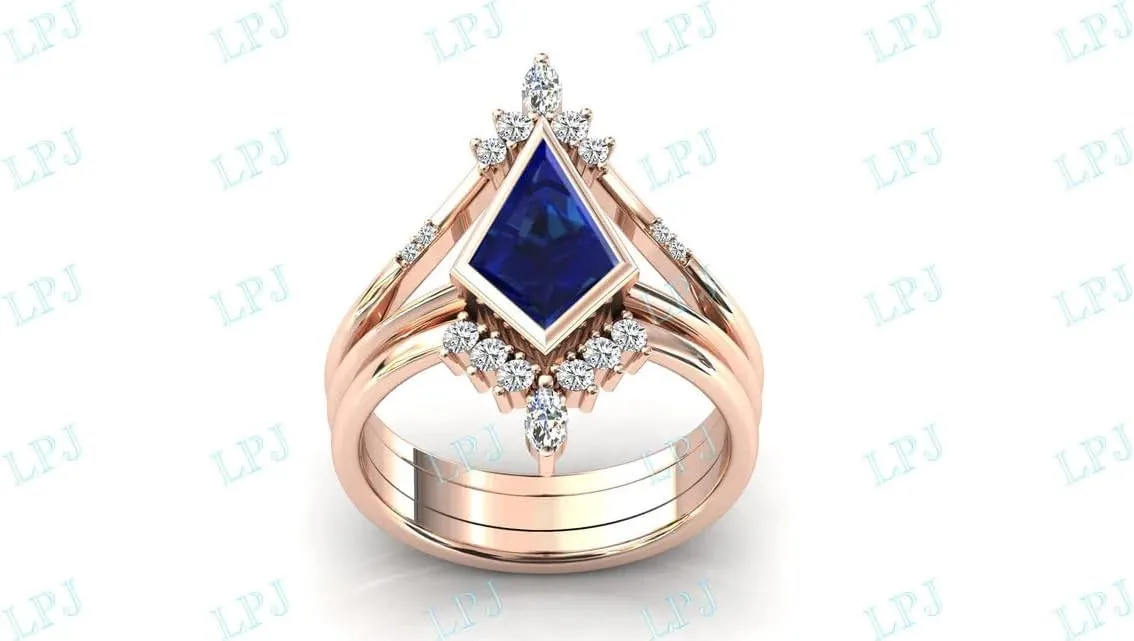 Deco Blue Sapphire Antique Wedding Ring Set 10k Gold Blue Sapphire Bridal Rings intent destination inspection glow envelop supernatural Set Unique Kite Shaped Blue Sapphire Engagement Ring Set 3.5 CT Art 