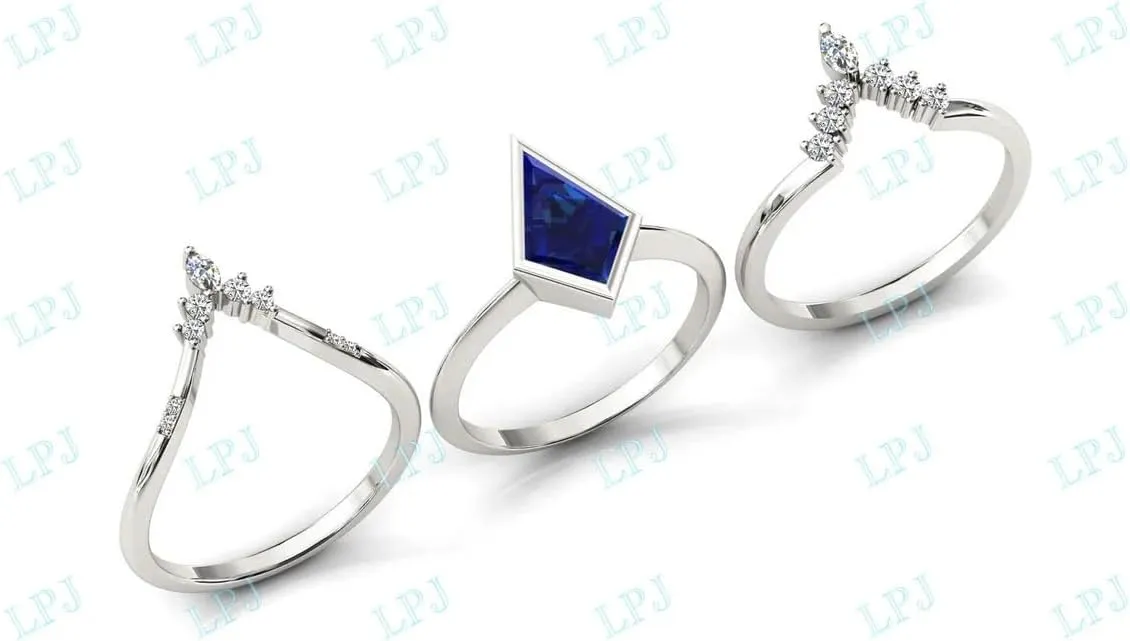Deco Blue Sapphire Antique Wedding Ring Set 10k Gold Blue Sapphire Bridal Rings intent destination inspection glow envelop supernatural Set Unique Kite Shaped Blue Sapphire Engagement Ring Set 3.5 CT Art 