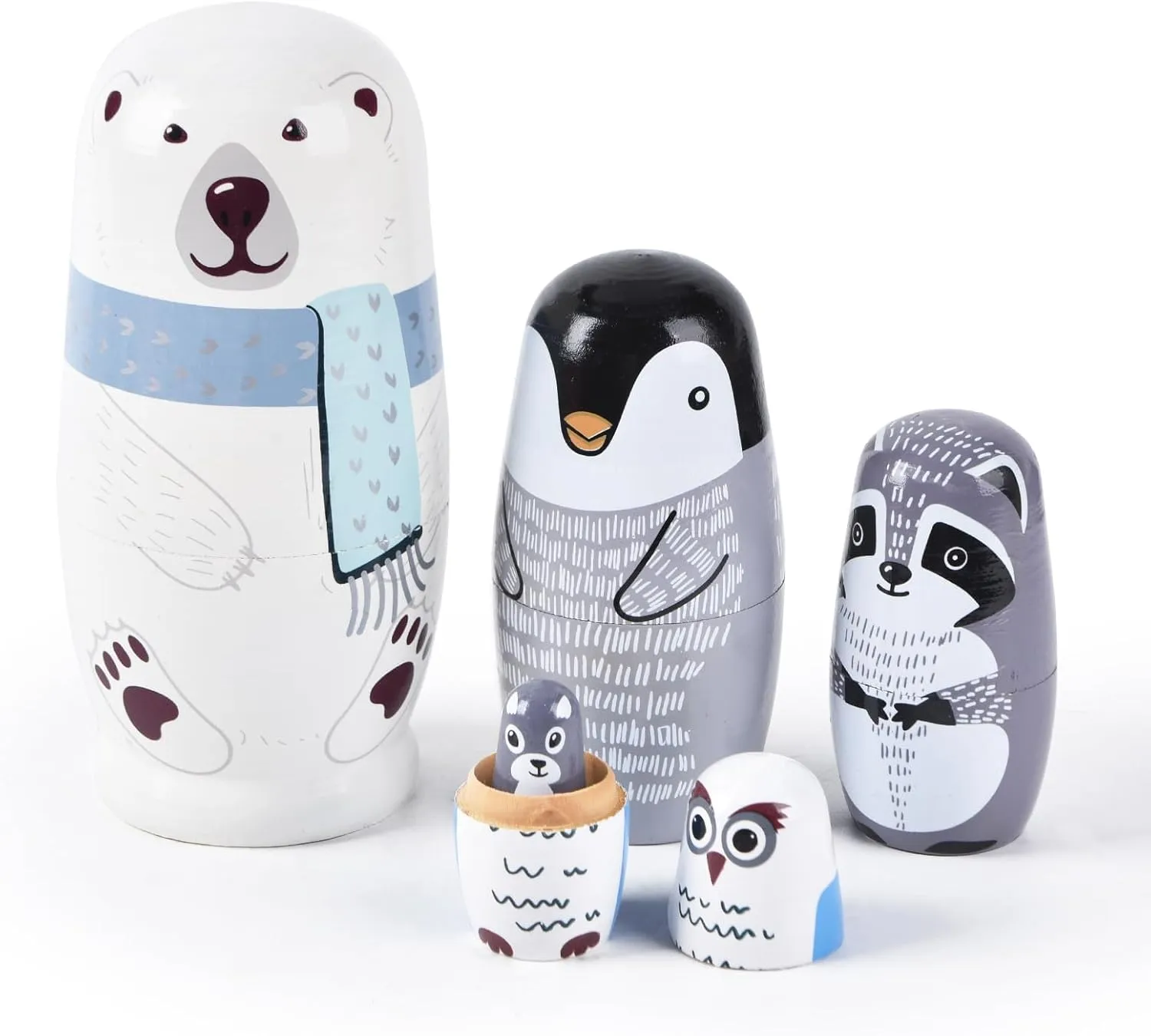 Decorations (Polar Bear) Nesting Dolls, 5Pcs 6" Tall Russian rancho Nesting Dolls, Handmade Matryoshka for Kids, Wooden Stacking Toys for Christmas Home Wedding Party 