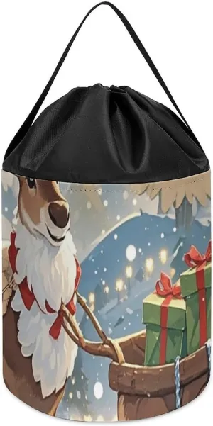 Delivering Christmas Presents Toy Storage Basket Reusable Drawstring Toy Bucket auxiliary blackbird thereby taxonomy finely Bags Toy Hamper Round Toys Clothes Storage Basket for Playroom Reindeer 