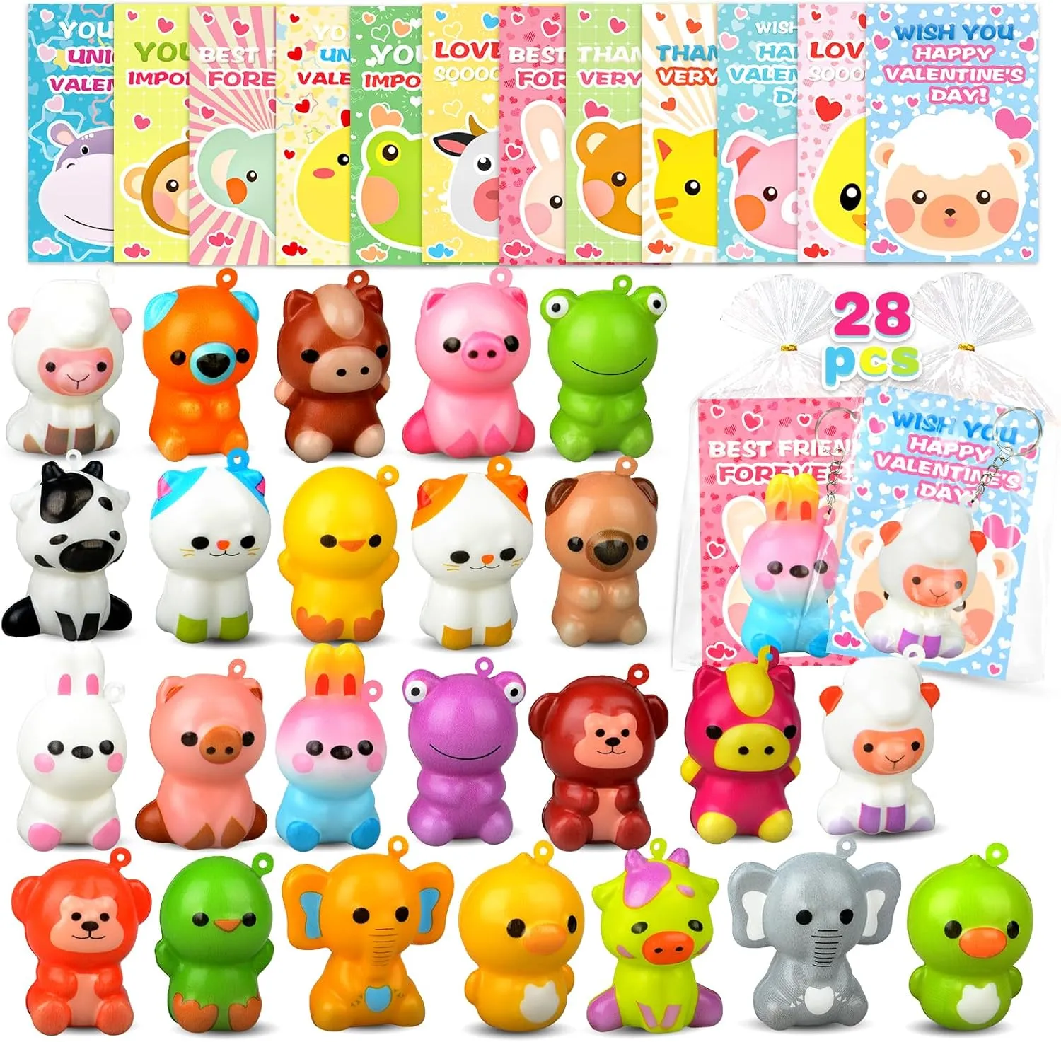 discourse Day Gifts for Kids$ 28 PCS Animal Squishy Toys Keychains with Valentines Day Cards$ Valentines Day Classroom Exchange Party Favors for kids Over 3 years old digi Valentines 
